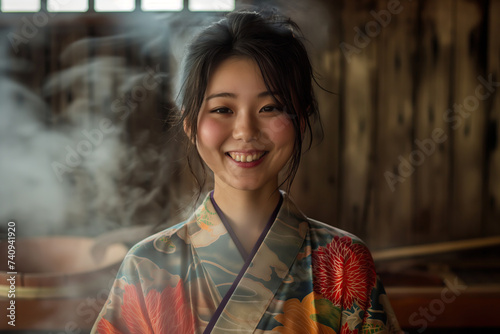 Happy japanese woman smile in steamy vintage bath house, wearing a dressing gown, wooden wall with copy space photo