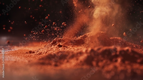 An artistic composition with paprika powder scattered over a moist surface, causing the spice to clump and highlight different textures. 8k