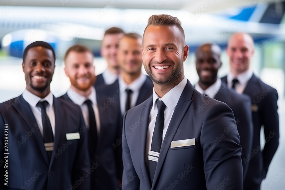 Diverse Team of Airline Pilots in Uniform Smiling in Front of an Airplane Diverse Team of Airline Pilots in Uniform Smiling in Front of an Airplane