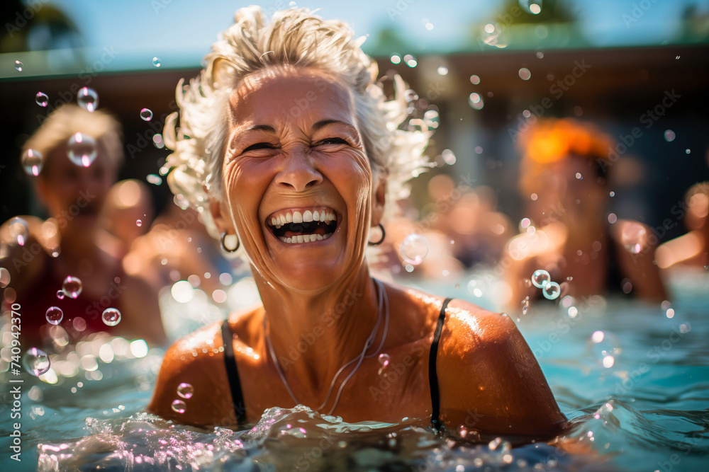 Elderly happy woman do aqua aerobics in the indoor pool Elderly happy woman do aqua aerobics in the indoor pool