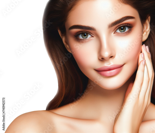 Portrait of young woman with beautiful face and healthy skin, isolated background. For skincare cosmetics products. Transparent PNG