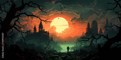 the zombie apocalypse on the background of the cemetery. Silhouettes of scary zombies walking through the cemetery.