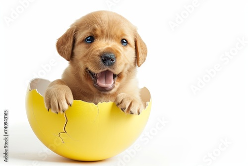 a smiling baby dog puppy coming out from a cracked easter egg like a chick, isolated on white background