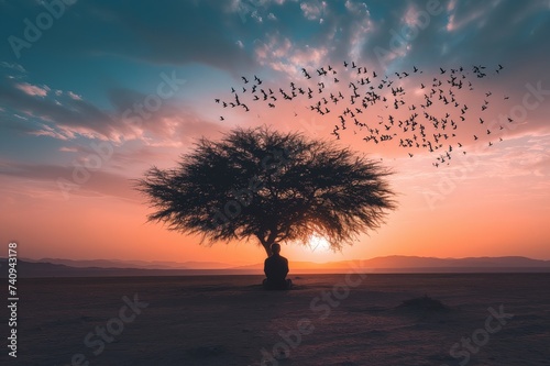 Silhouette of a Person Sitting Under a Tree with Birds Flying Above at Sunset © Nadzeya