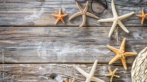 Starfish, sunglas, hat  on wooden background photo