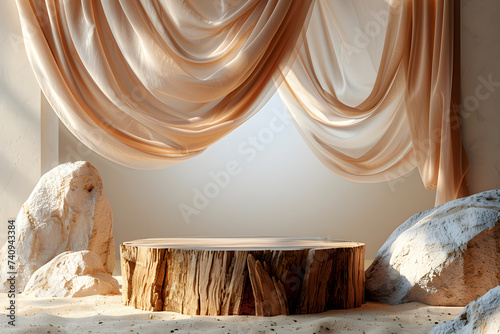 3D display podium, brown background with wood frame pedestal and flying silk cloth curtain. Nature wind. presentation stand. Luxury feminine mockup 3d render advertisement 