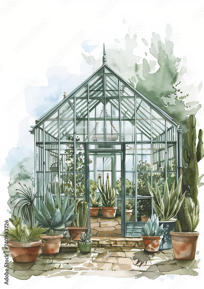 Illustration of a beautiful green house with a various plants, palm tree, botanical garden, victorian vintage green house
