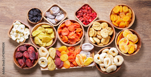 bowls of various dried fruits, top view