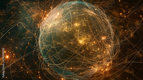 An intricate network of 3D wires and nodes enveloping a globe, illustrating worldwide internet connectivity, with space for description on one side. 8k