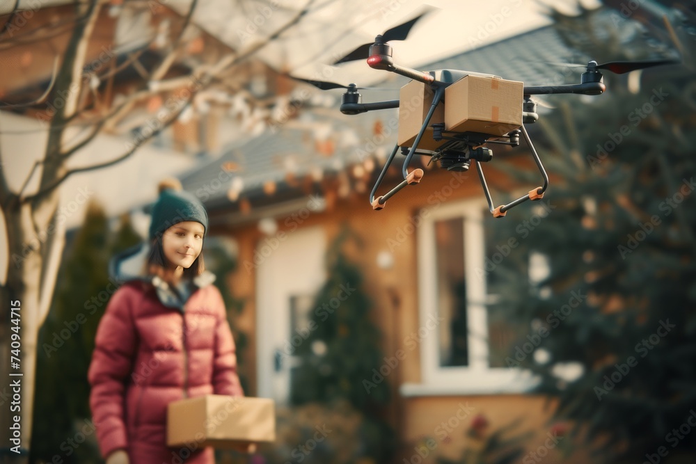 Smart package Drone Delivery electric bikes. Box shipping parcel delivery schedule parcel first mile drone delivery transportation. Logistic tech autonomous taxis mobility freight claim - obrazy, fototapety, plakaty 
