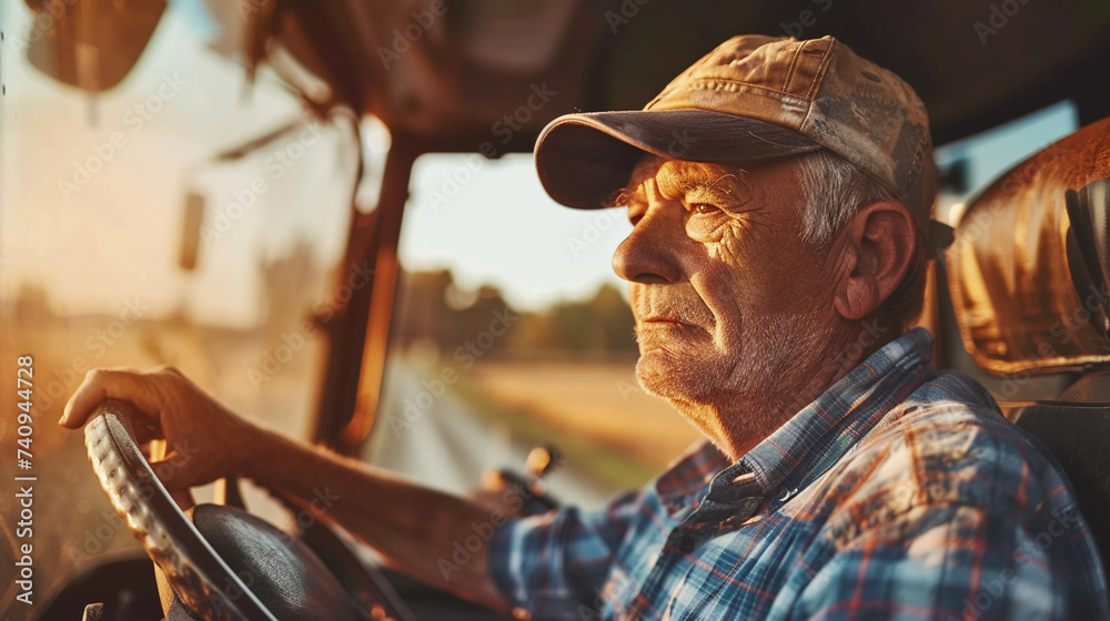 A senior farmer driving a tractor across the field, his experienced gaze focused on the path ahead, Senior farmer, blurred background, with copy space