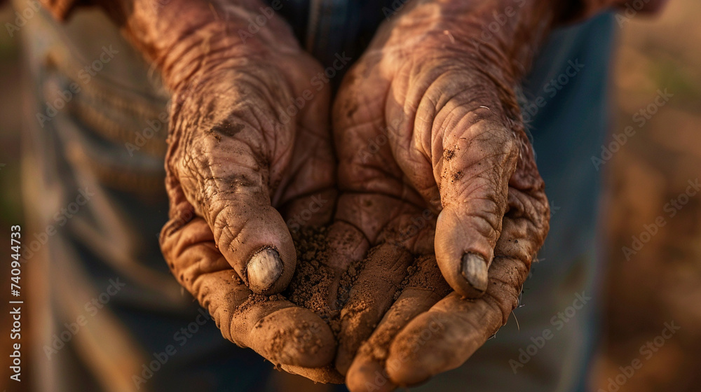 A close-up of a senior farmer's hands, weathered from work, holding a handful of fertile soil, symbolizing decades of toil and care, Senior farmer, blurred background, with copy space A close-up of a senior farmer's hands, weathered from work, holding a handful of fertile soil, symbolizing decades of toil and care, Senior farmer, blurred background, with copy space