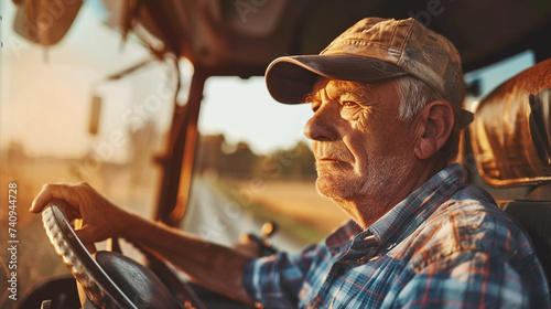A senior farmer driving a tractor across the field, his experienced gaze focused on the path ahead, Senior farmer, blurred background, with copy space