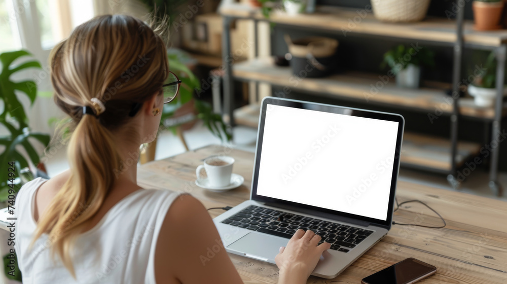 A woman is working on her laptop at a wooden desk with a smartphone beside her and a pile of letters, in a room with green plants and natural light. A woman is working on her laptop at a wooden desk with a smartphone beside her and a pile of letters, in a room with green plants and natural light.