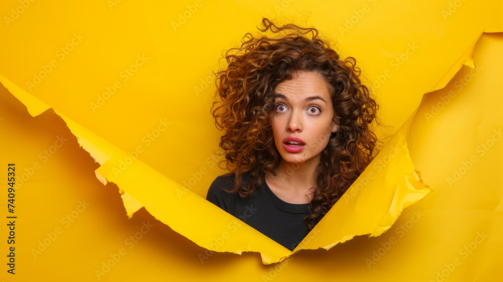 A surprised woman with curly hair peeks through a torn yellow paper background, her expression one of amazement and curiosity. - obrazy, fototapety, plakaty 