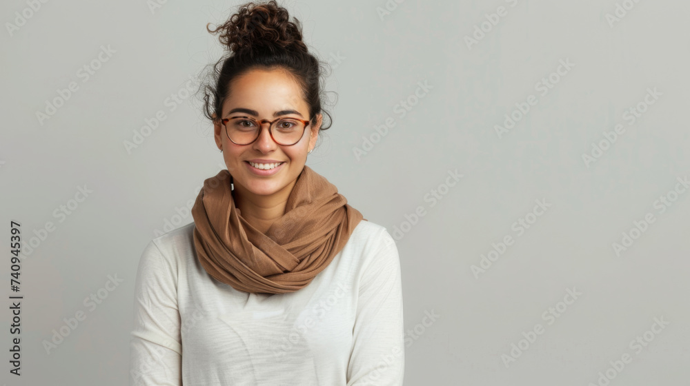 a smiling person is wearing round eyeglasses and a scarf, giving off a relaxed and stylish vibe against a gray background. a smiling person is wearing round eyeglasses and a scarf, giving off a relaxed and stylish vibe against a gray background.