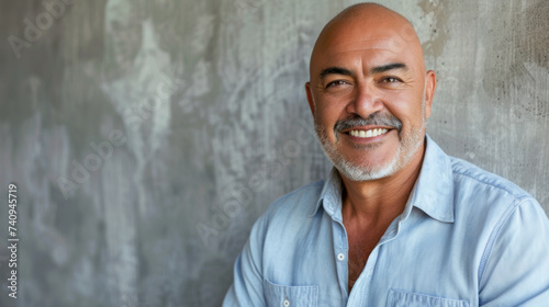 A smiling man in a denim shirt radiates joy and confidence in a casual portrait setting.