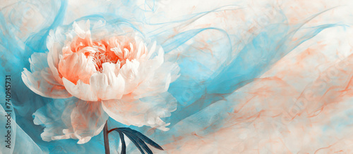 Panel kuchenny z motywem Piękny kwiat piwonii, wzór kwiatowy, niebieskie tło, puste miejsce 