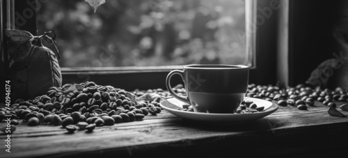 Coffee with coffee beans in black and white