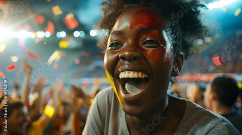 An ecstatic young woman with colorful face paint is cheering and enjoying herself at a festive event, surrounded by a crowd of equally excited fans.