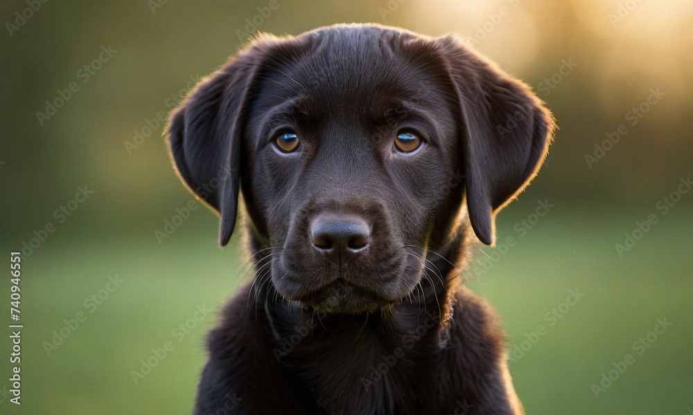 Cute Labrador dog puppy with black fur lies in the grass