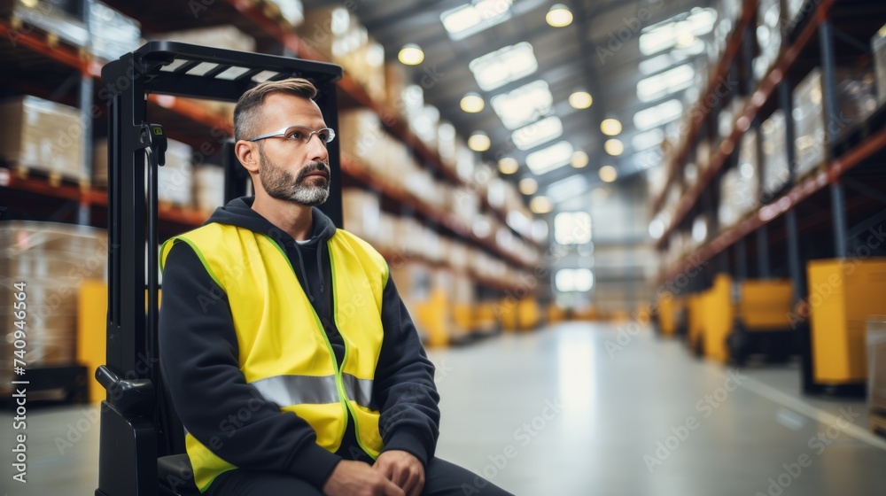 Portrait of warehouse worker by forklift, checking stock, preparing items for shipment Portrait of warehouse worker by forklift, checking stock, preparing items for shipment