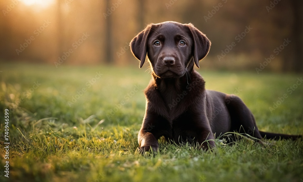 Cute Labrador dog puppy with black fur lies in the grass Cute Labrador dog puppy with black fur lies in the grass