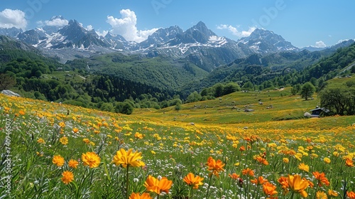 Panoramic view of idyllic mountain scenery in the Alps with fresh green meadows in bloom on a beautiful
