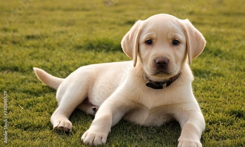 Cute labrador dog puppy with white fur lies in the grass