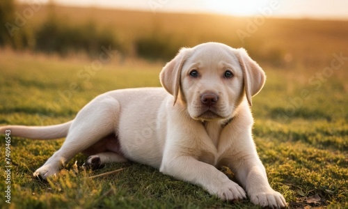 Cute labrador dog puppy with white fur lies in the grass