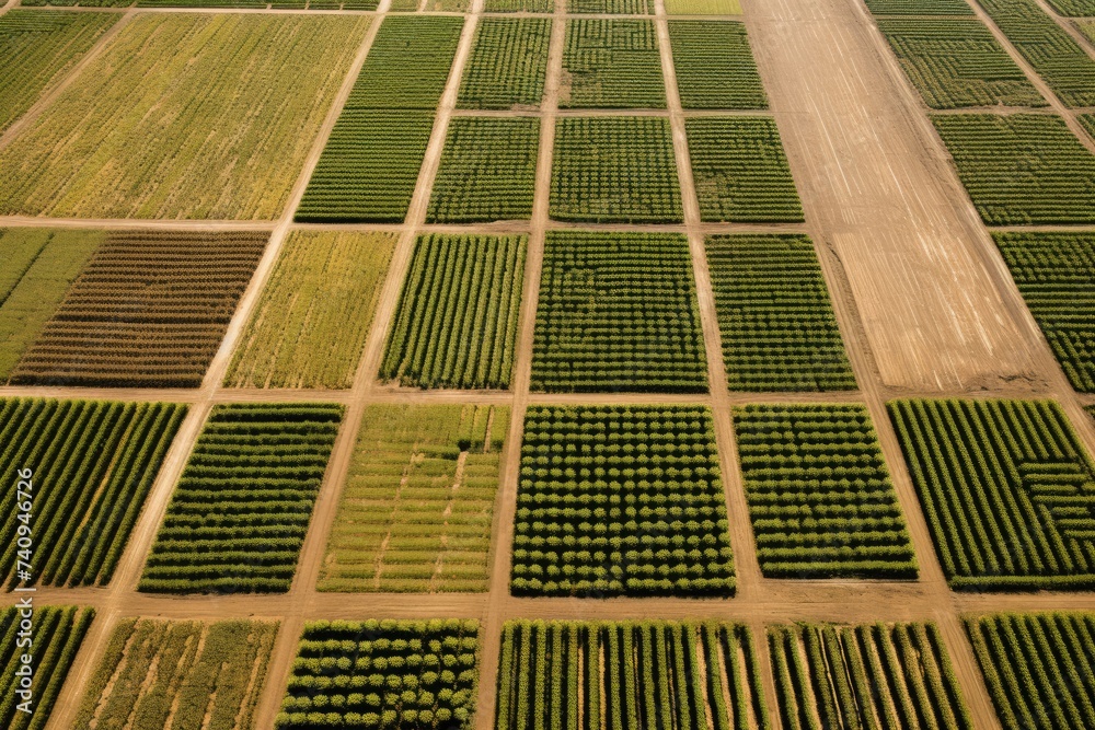 An aerial view showcases a patchwork of crops in varying shades of green, creating a harmonious agricultural tapestry