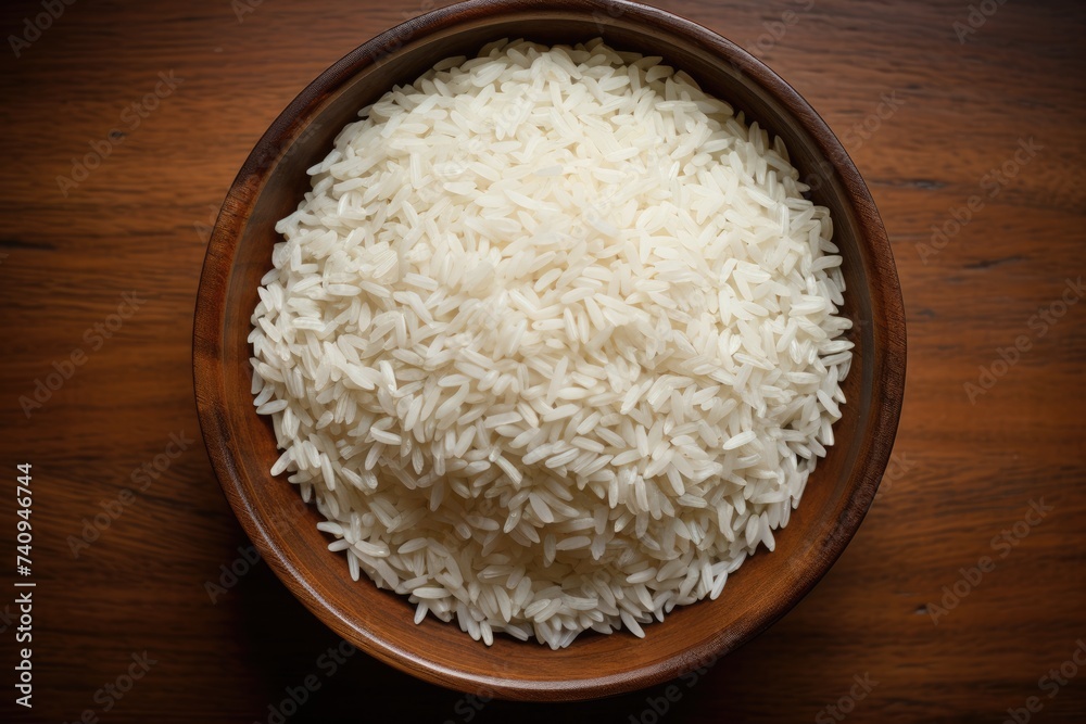 Top down view of a pile of basmati rice arranged in a wooden bowl, symbolizing staple nourishment and culinary simplicity Top down view of a pile of basmati rice arranged in a wooden bowl, symbolizing staple nourishment and culinary simplicity