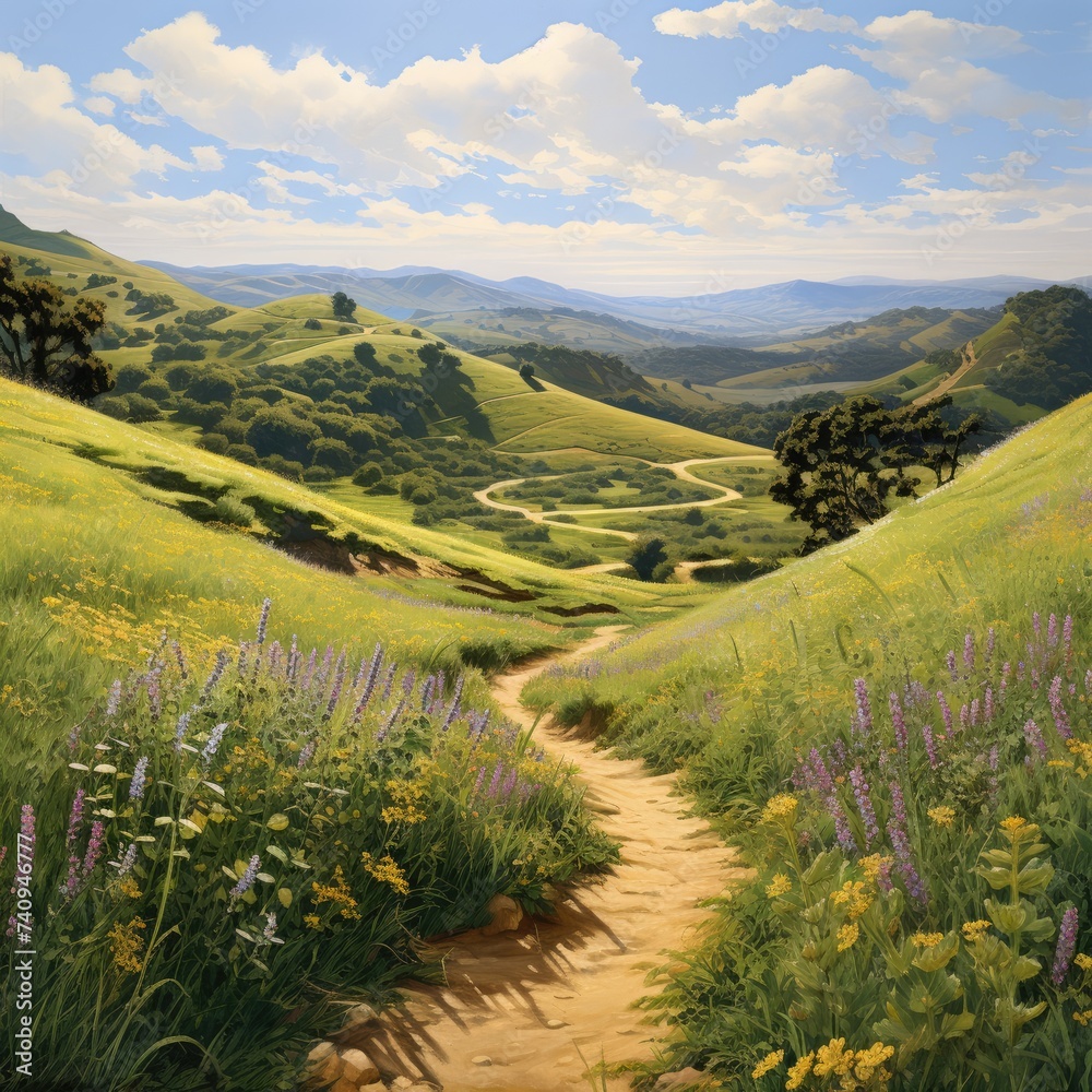 A winding path through a sunlit meadow leads towards distant mountains, enveloped by the warm light of a tranquil afternoon