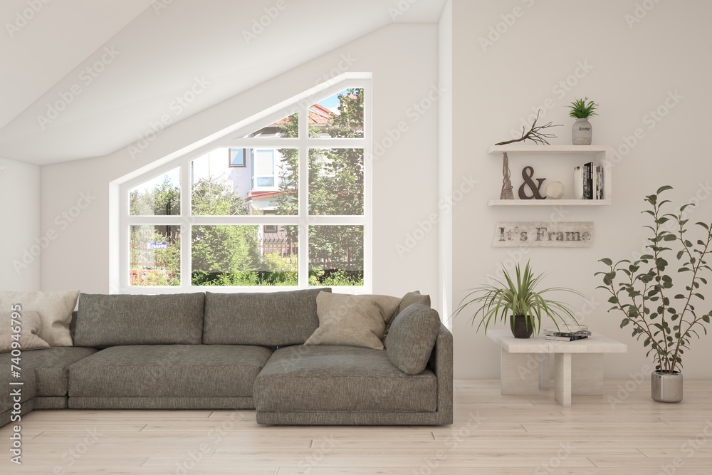 Fototapeta premium White living room with sofa and summer landscape in window. Scandinavian interior design. 3D illustration