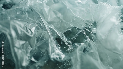 A close-up on the sharp, jagged wrinkles of a plastic bag partially filled with water, creating a contrast between fluidity and rigidity. 8k