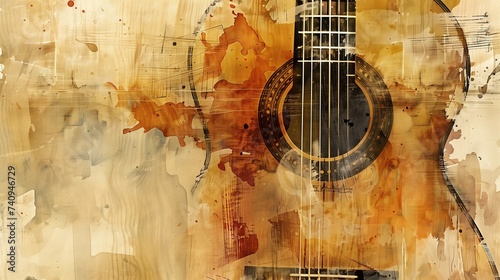 vintage watercolor illustration grungy texture, guitar with color splash, acoustic song or country folk song theme poster background, Generative Ai
