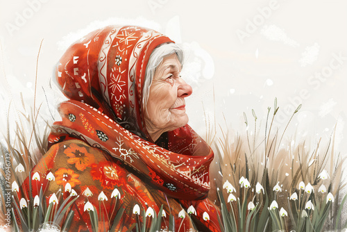 Grandmother Marta on spring field with snowdrops. Baba Marta Day, Martenitsa. Moldovan Romanian and Bulgarian spring meeting holiday concept  photo