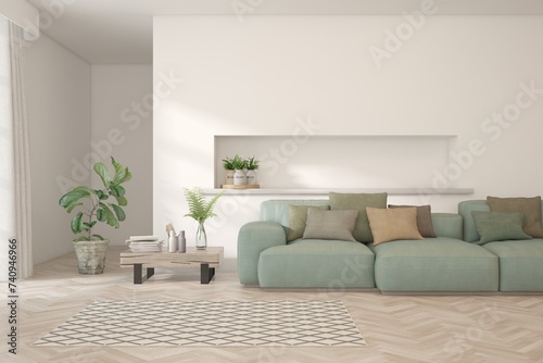 Fototapeta Naklejka Na Ścianę i Meble -  White living room with sofa. Scandinavian interior design. 3D illustration