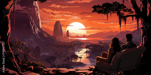 the deer with its fire horns standing on rocks in winter landscape, digital art style, illustration painting