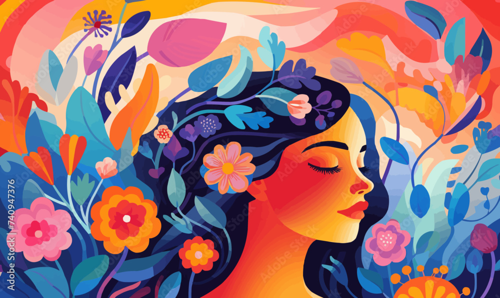 Woman with flower colorful illustration background mental health lifestyle selfcare concept