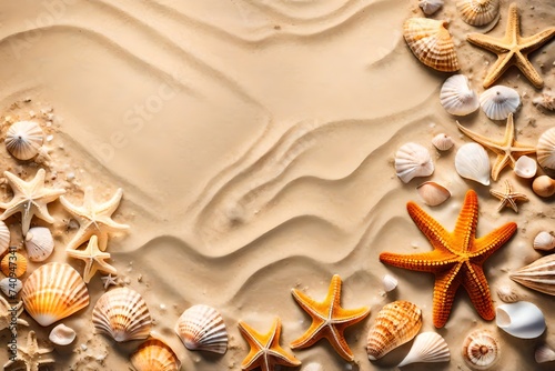 starfish and shells on sand, A captivating summer travel background unfolds from a top view, featuring beach sand adorned with a starfish and seashell. The golden sand stretches out beneath the clear 
