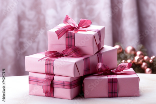 Background filled with beautifully wrapped tartan presents pink christmas сreated with Generative Ai © Andrii Yablonskyi