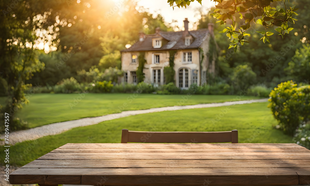 An empty wooden table in the foreground, with a blurred country house in the background against a verdant garden setting