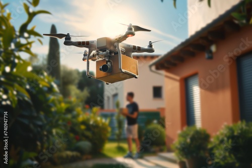 Smart package Drone Delivery urban development. Box shipping municipality parcel prescription delivery drone transportation. Logistic tech freight hub mobility construction freight drone photo