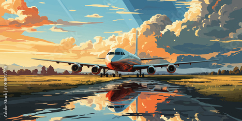 airplanes on the runway with bright sky and good weather vector