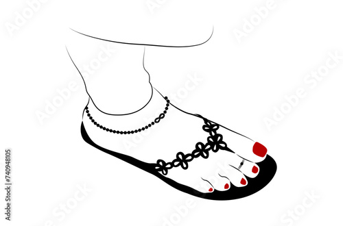 Indian Woman Feet with Teo ring and anklet line drawing isolated on white background - vector illustration