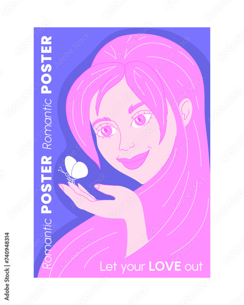 Romantic vector poster with cartoon characters and typography. Flyer with love-dedicated quotes and illustration of happy young woman with a white butterfly. Valentine's day card. Romantic vector poster with cartoon characters and typography. Flyer with love-dedicated quotes and illustration of happy young woman with a white butterfly. Valentine's day card.