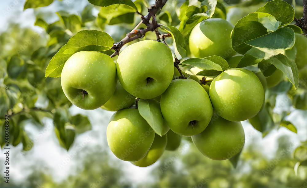 Green apple-laden tree focal point, lush garden