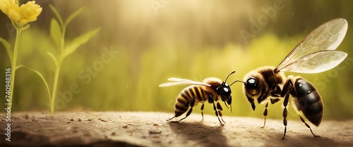 Two honeybees, pollinating insects and valuable arthropods, are perched next to each other on a rock in a natural landscape surrounded by grass and wood photo