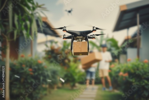 Smart package Drone Delivery environmental monitoring drone. Box shipping economical freight parcel federated learning transportation. Logistic tech ai ethics mobility tech breakthroughs photo